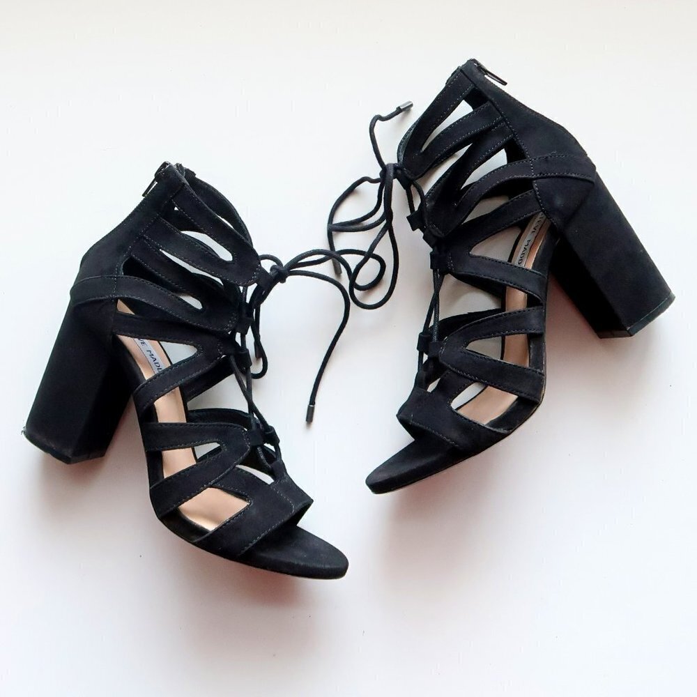 Steve Madden Black Suede Open Toe Lace Up Cut Out Block Heel Bootie Shoes Size 7